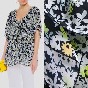 NWT SEE BY CHLOE Floral Print Crepe Ruffled Drawstring Blouse Multicolor Black